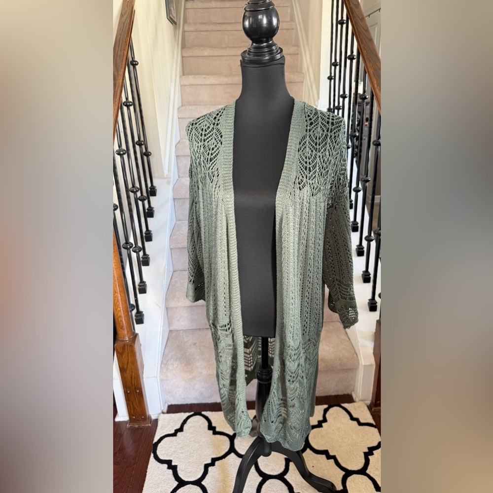 Open-Front Olive Green Crochet Cardigan